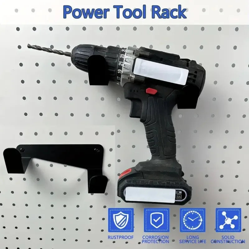 Heavy-duty metal wall tool rack with drill holder