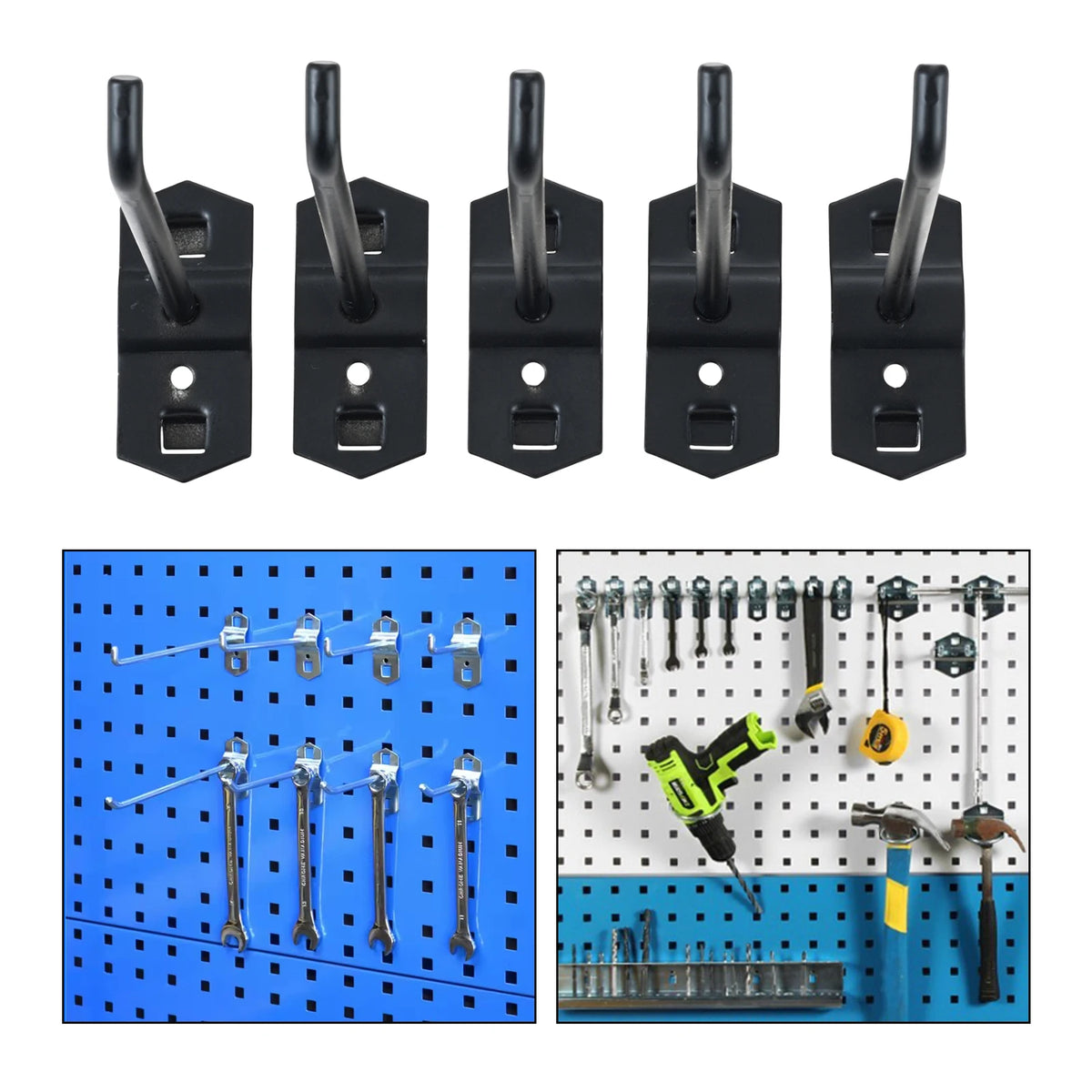 Black square-hole pegboard hooks 5-pack