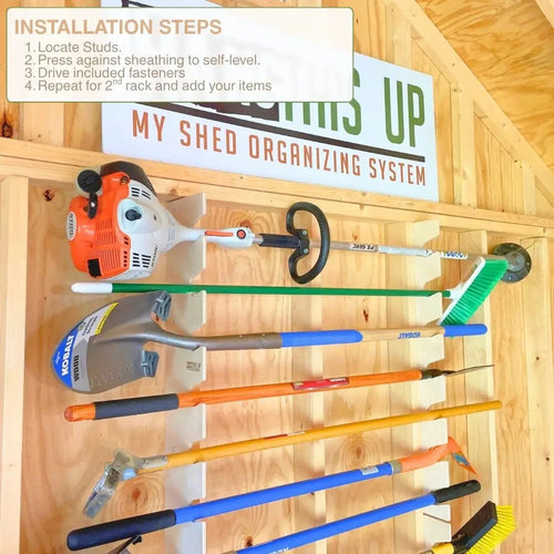 Stud-mounted garden tool organizer rack holding long-handled tools