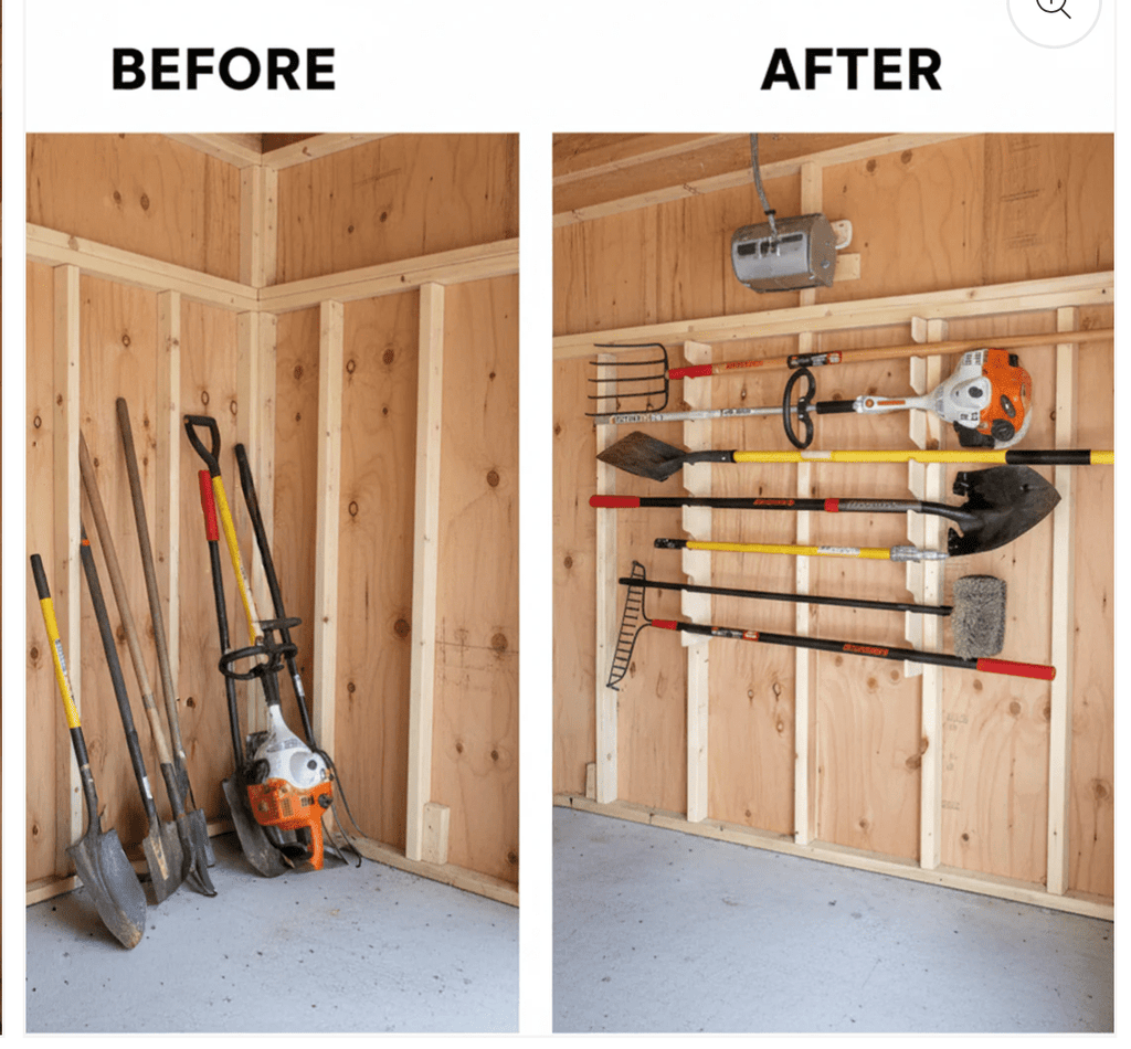 Stud-mounted garden tool organizer rack holding long-handled tools